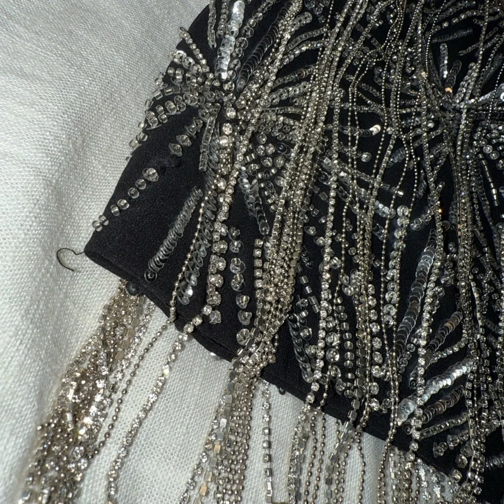 Retrofete Beatrix Fringe Embellished Silver Black Sequin Sparkly Mini Skirt - Picture 11 of 14